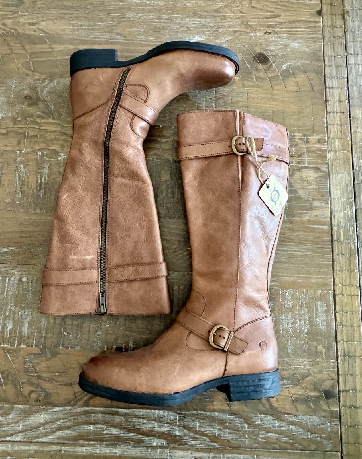 Børn Darci Women’s Brown Leather Knee High Riding Boots Zipper Buckle US 10