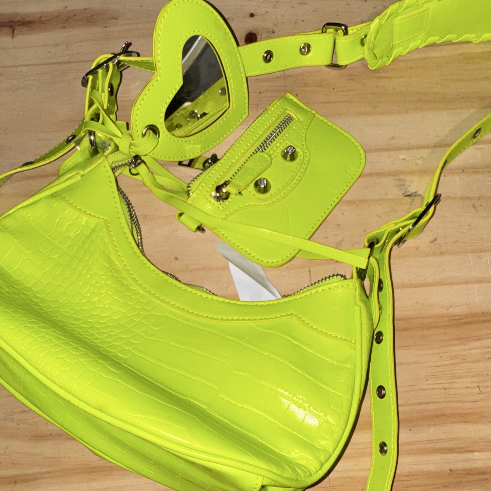 Neon Green Quilted Studded Crescent Shoulder Bag w/ Pouch, Heart Mirror & Strap