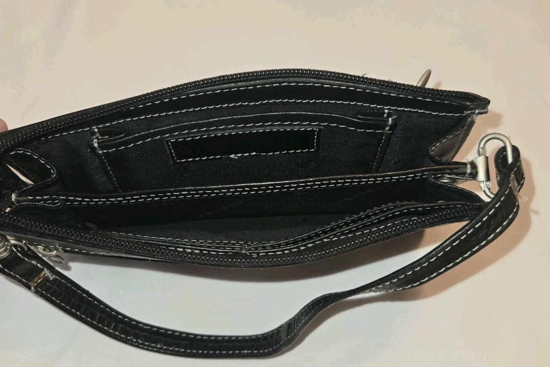 Nino Bossi Black Leather Double Push Lock • Zip Clutch Wallet Wristlet • EUC