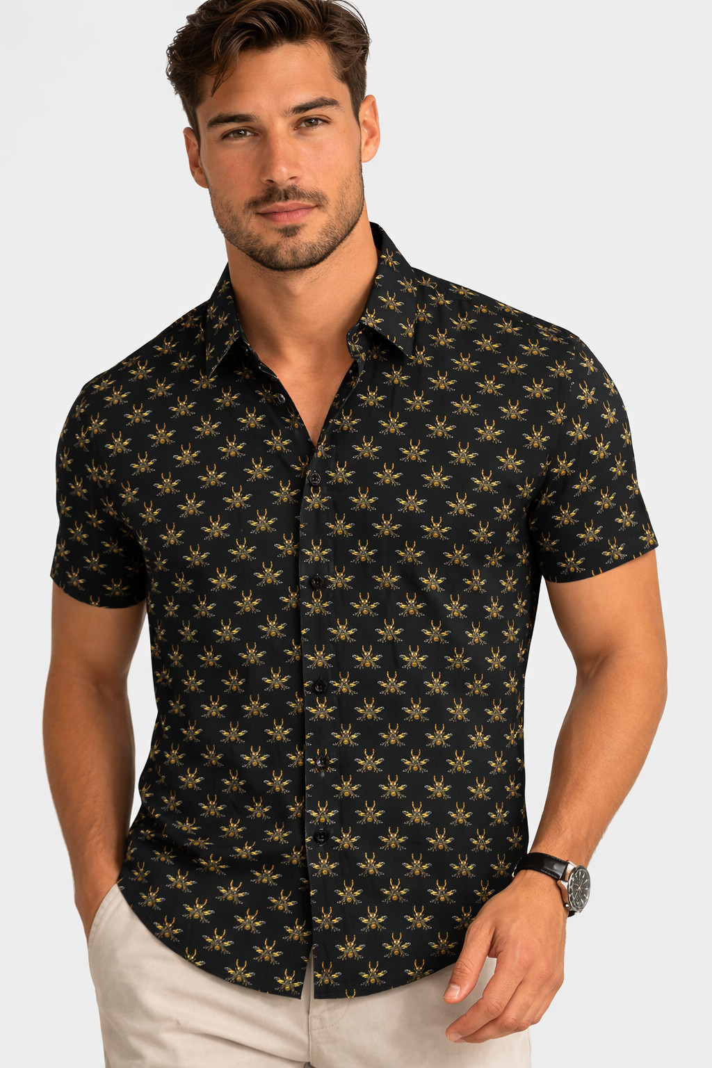 Paisley & Gray Mens Shirt New M 16 1/4 Black Bees Print Button Up Slim Fit