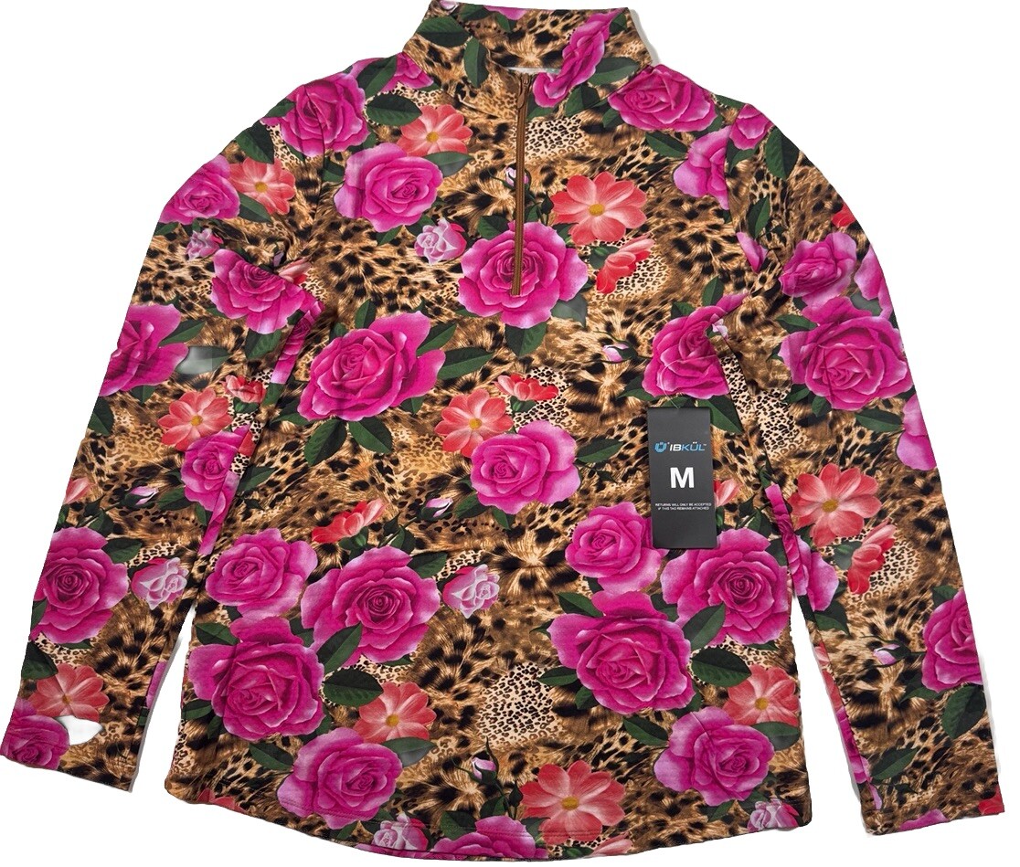 NWT IBKUL Golf Tennis 1/4 Zip Pullover Top S M L XL Leopard Rose Longsleeve P4