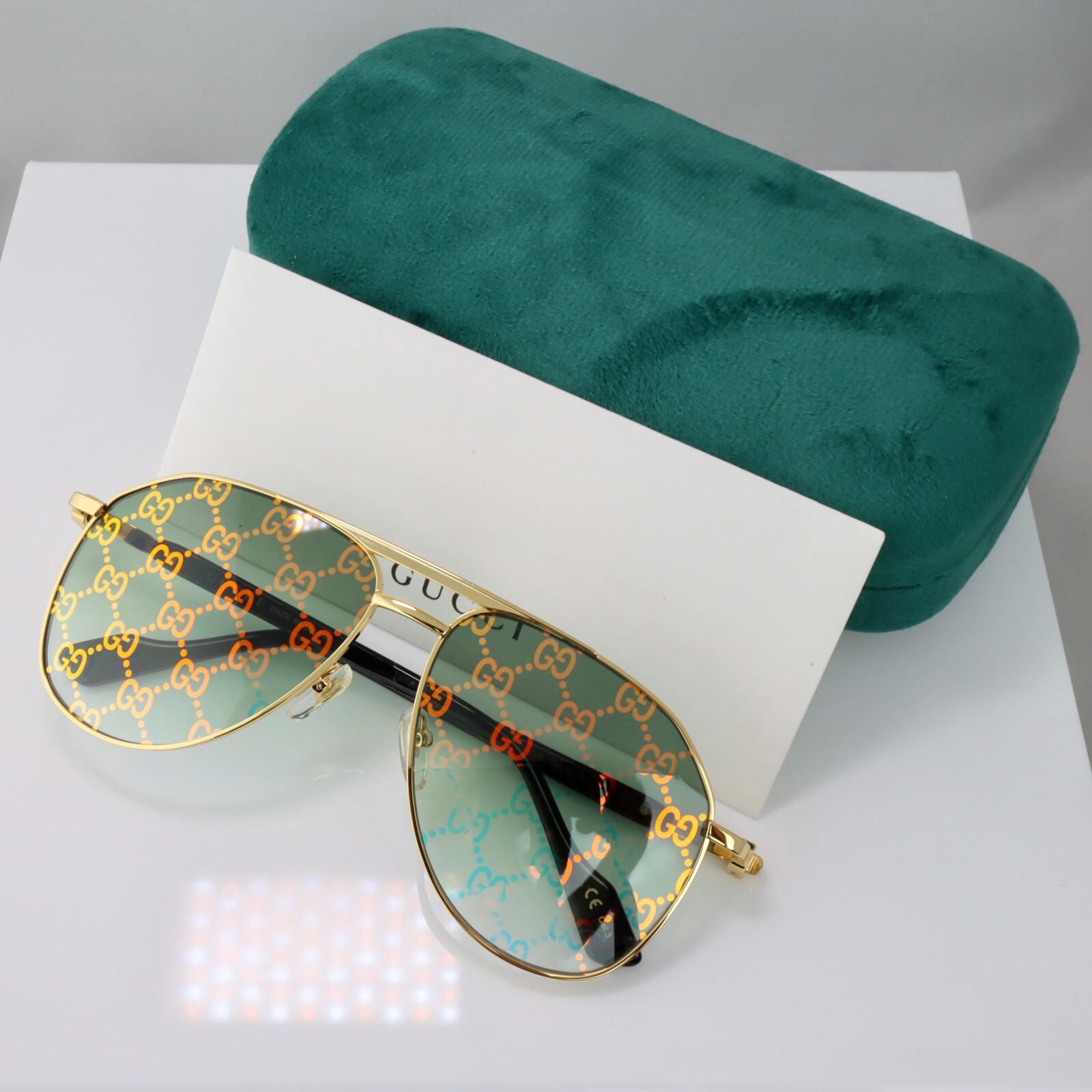 Gucci GG1220S 004 59mm Men’s Aviator Sunglasses Gold with Green GG Logo Lens