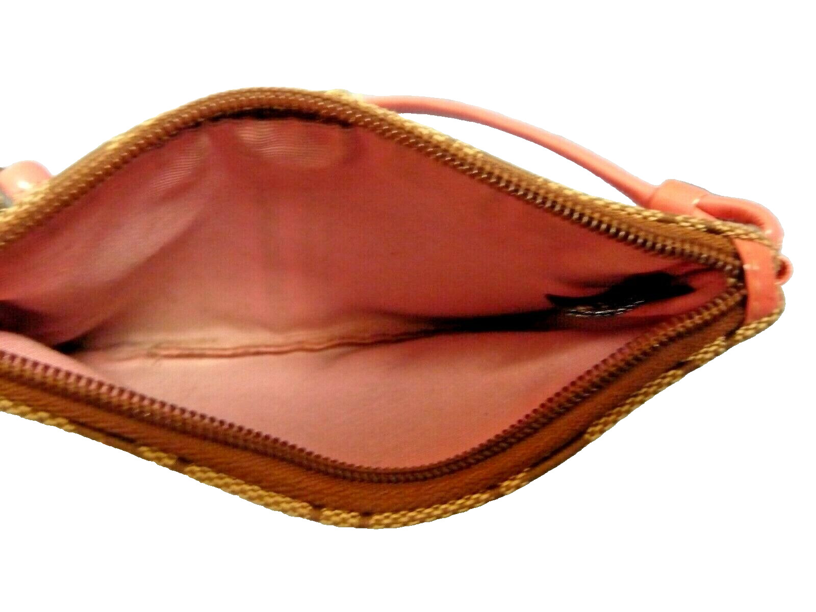 Coach Wristlet Wallet Brown Monogram CC Canvas Peach Patent Leather Trim Strap