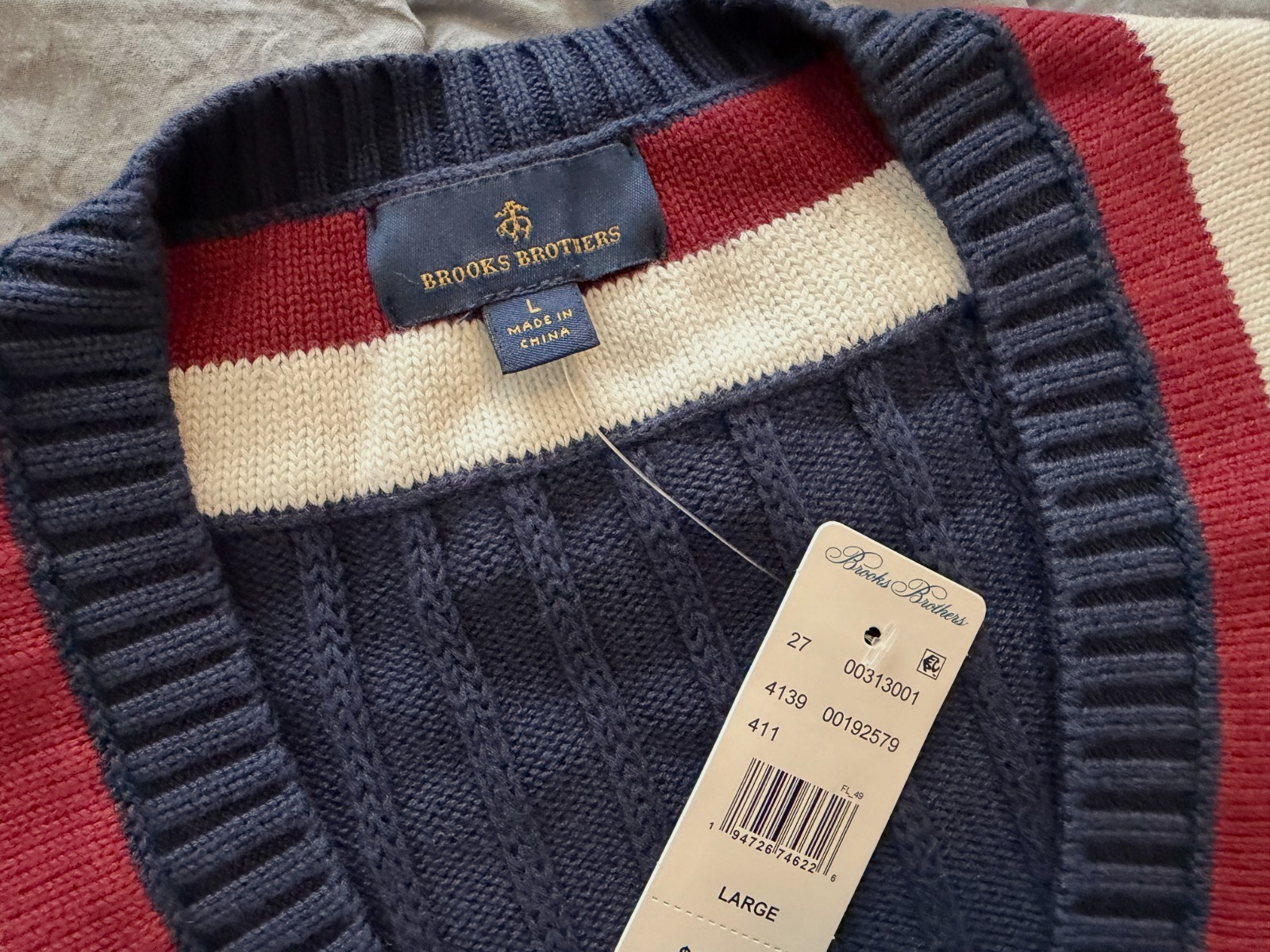 Brooks Brothers navy 100% combed cotton classic tennis sweater L mens NEW