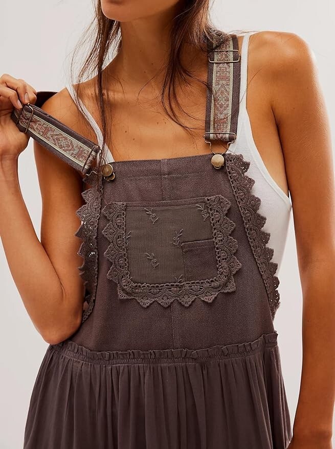 Women’s Laced Embroidered Tulle Bib Dress Casual Loose Adjustable Straps Maxi