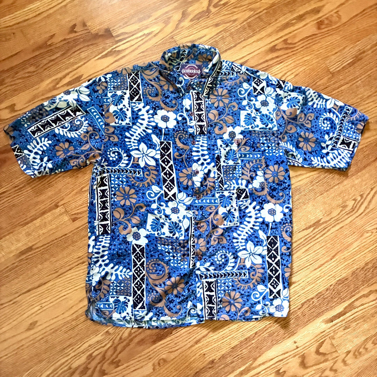 VINTAGE 90s Protest Blue Rayon Hawaiian Shirt Size Medium
