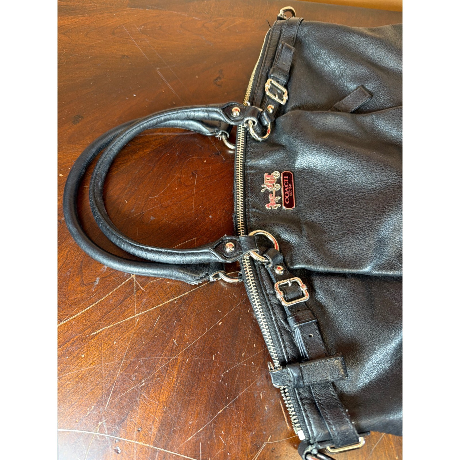 Coach Madison Black Leather Satchel Purple Lining Handbag 18641