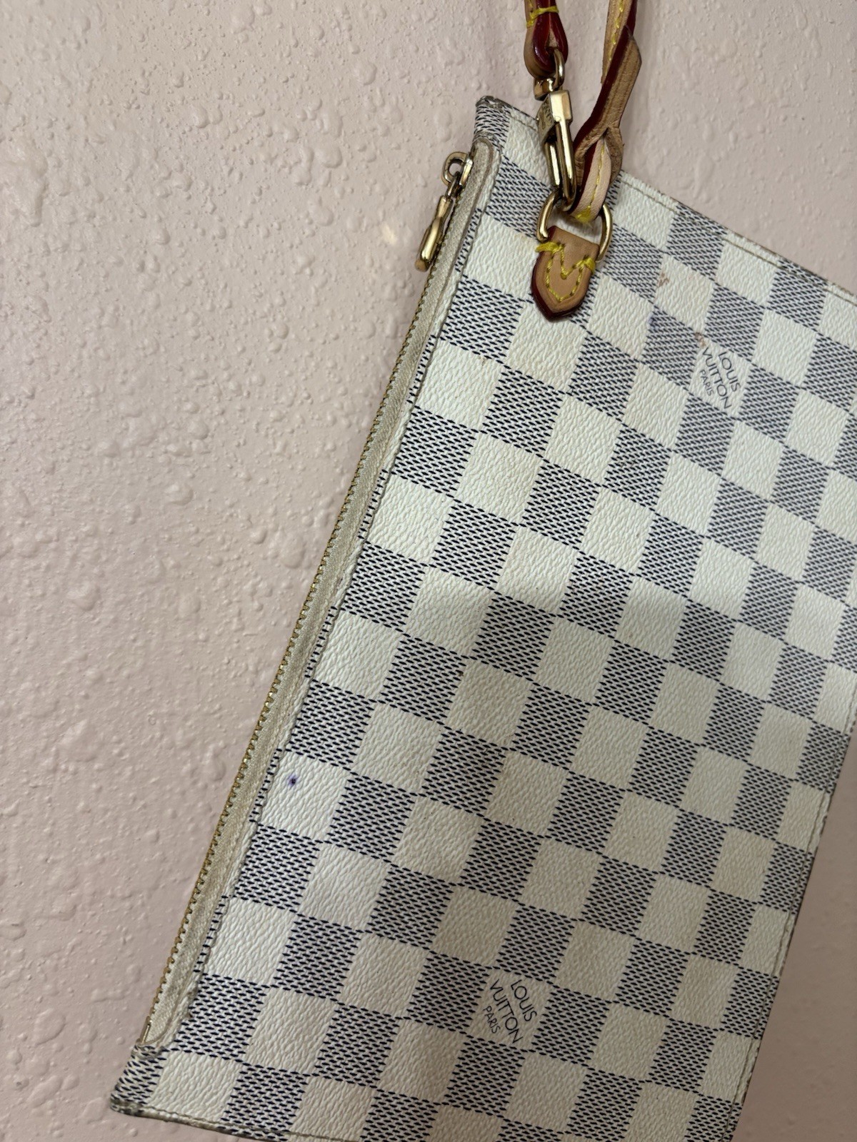 Louis Vuitton Damier Azur Zip Wristlet Pouch White/Blue Brown Strap Gold