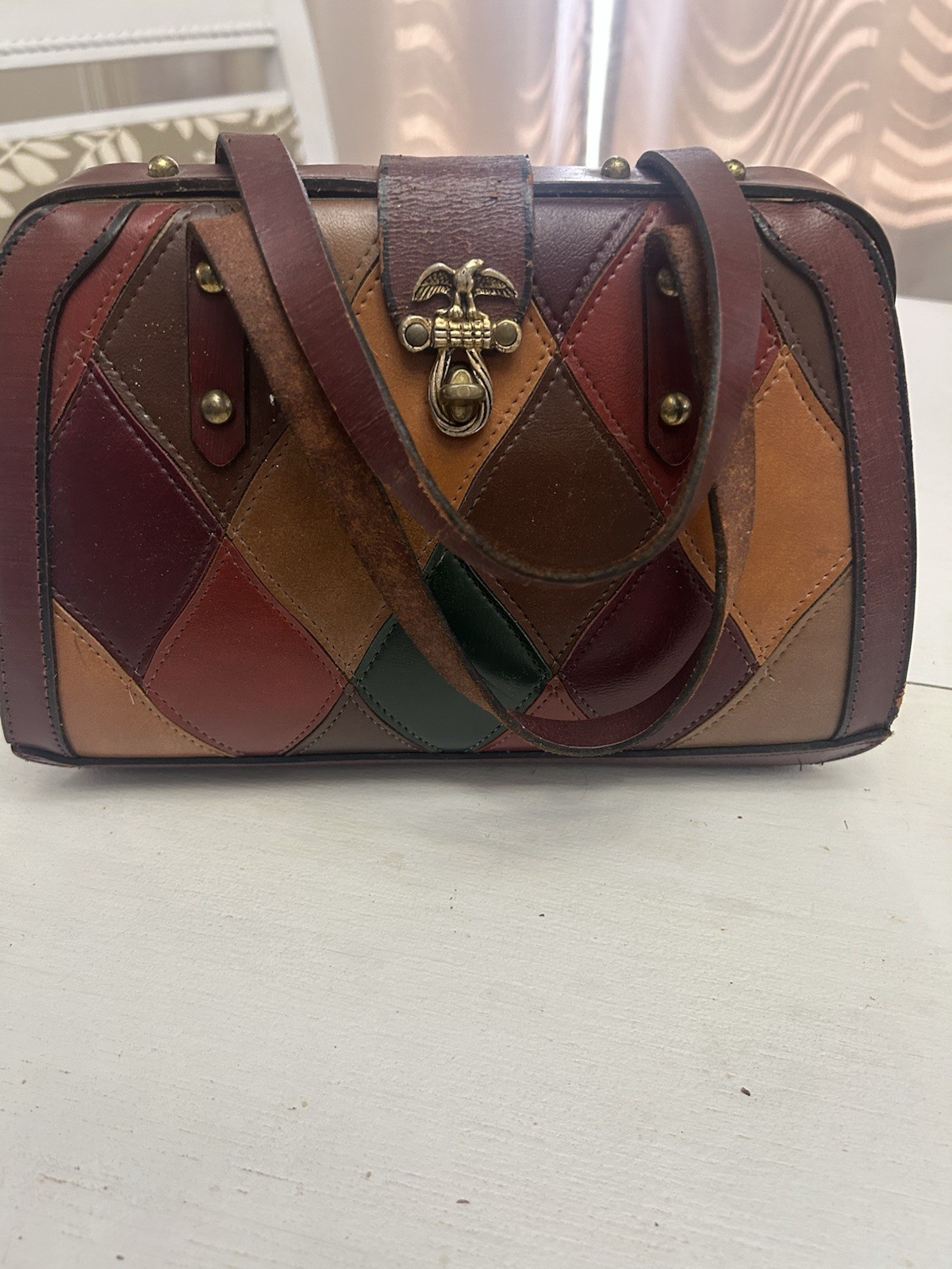 Burlington 1970s Vintage Patchwork Leather Handbag Brown Burgundy Tan Green
