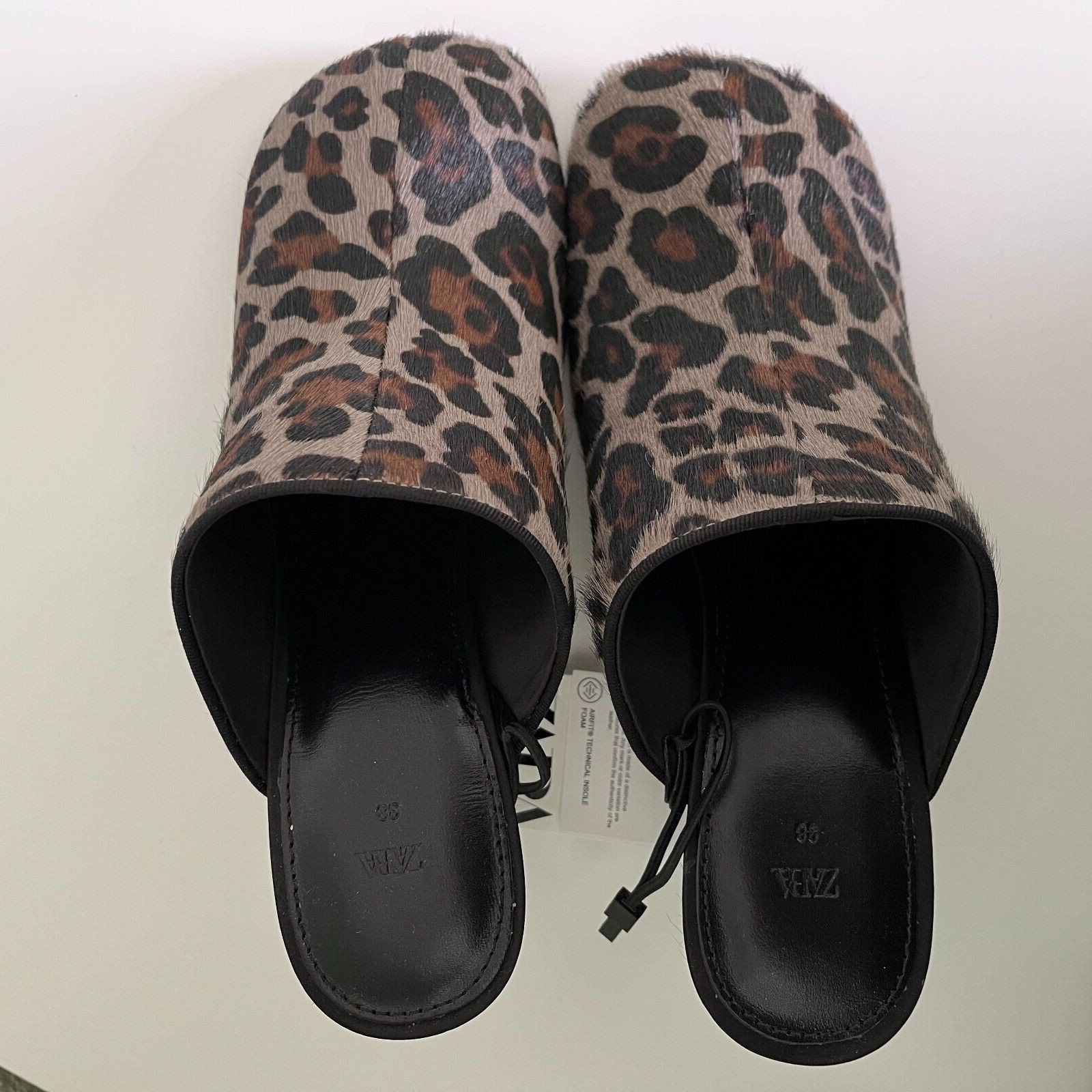 Zara Animal Print 100% Leather Mules Leopard Print Square Toe 2.8in Heel Sz 7.5