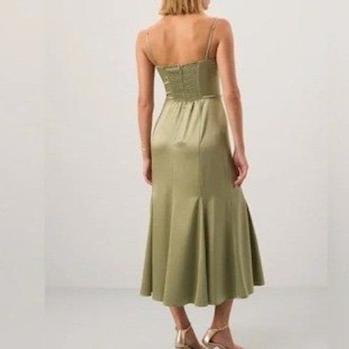 Reformation Hensley Satin Midi Dress Artichoke Green Size 12 NEW Wedding guest