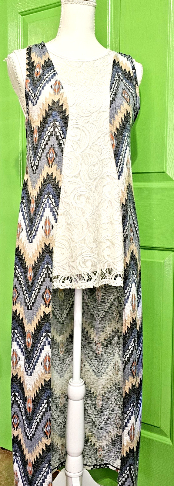 Rock 47 Wrangler Women’s Open Duster Long Vest Southwestern Style in Blues