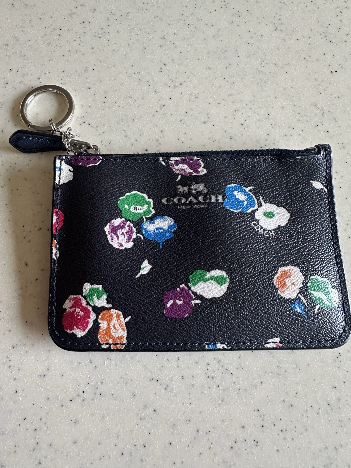 Coach Womens Zip Top Floral Logo Leather Keychain Pouch Wallet Black Multi