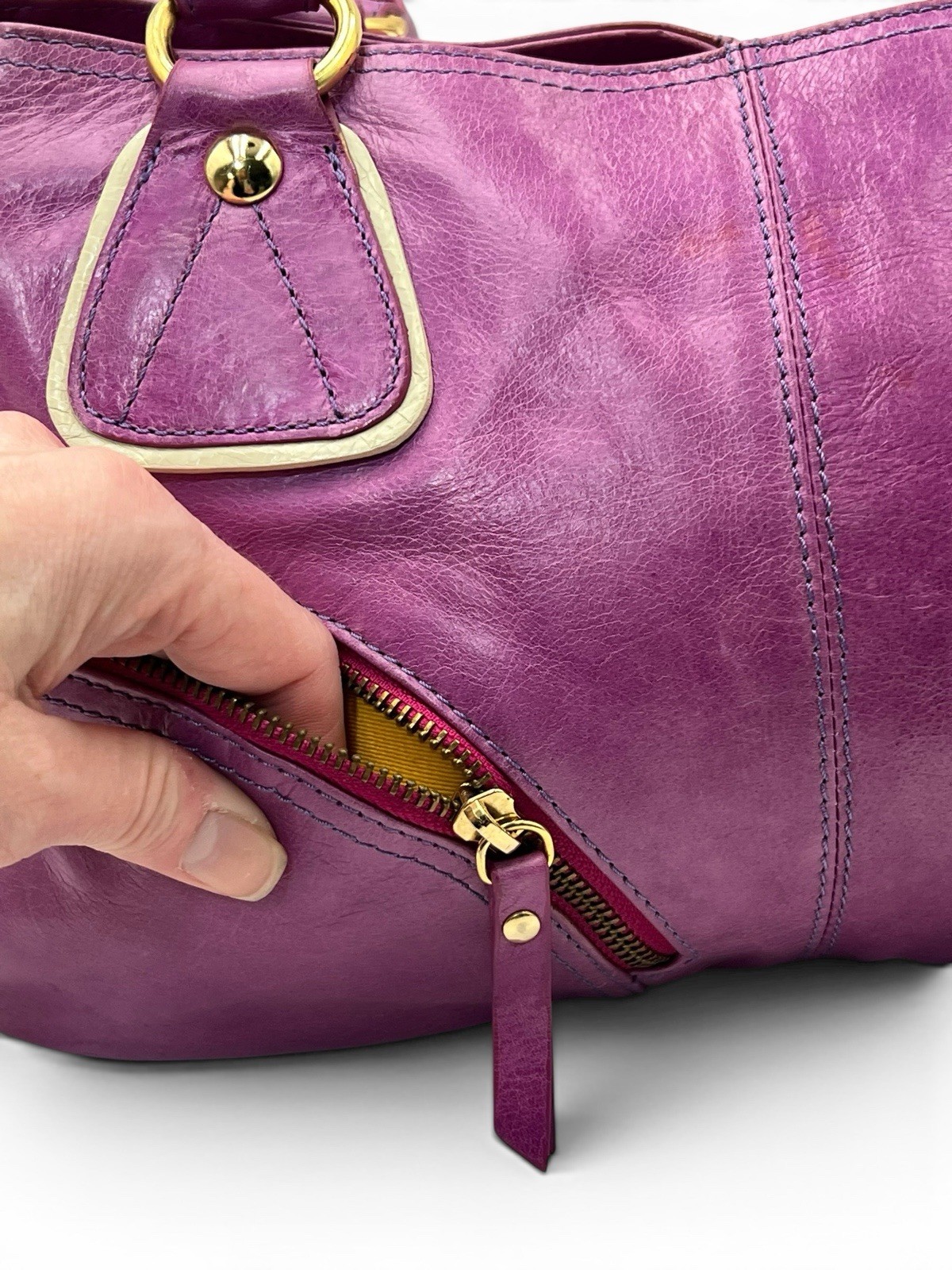Vintage Roberta Gandolfi Italian Leather Bowler Bag Purple Beige Y2K Purse Tote