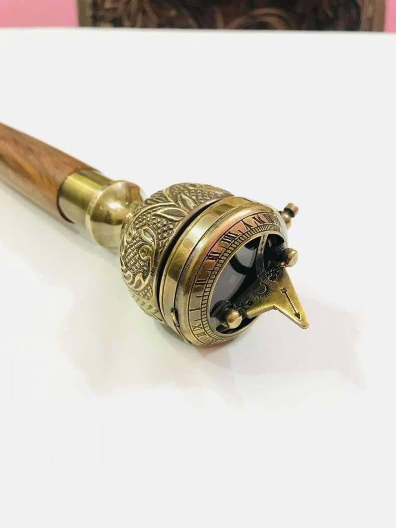Antique Brass Push Button Sundial Handle Sprial Wooden Walking Stick Gift