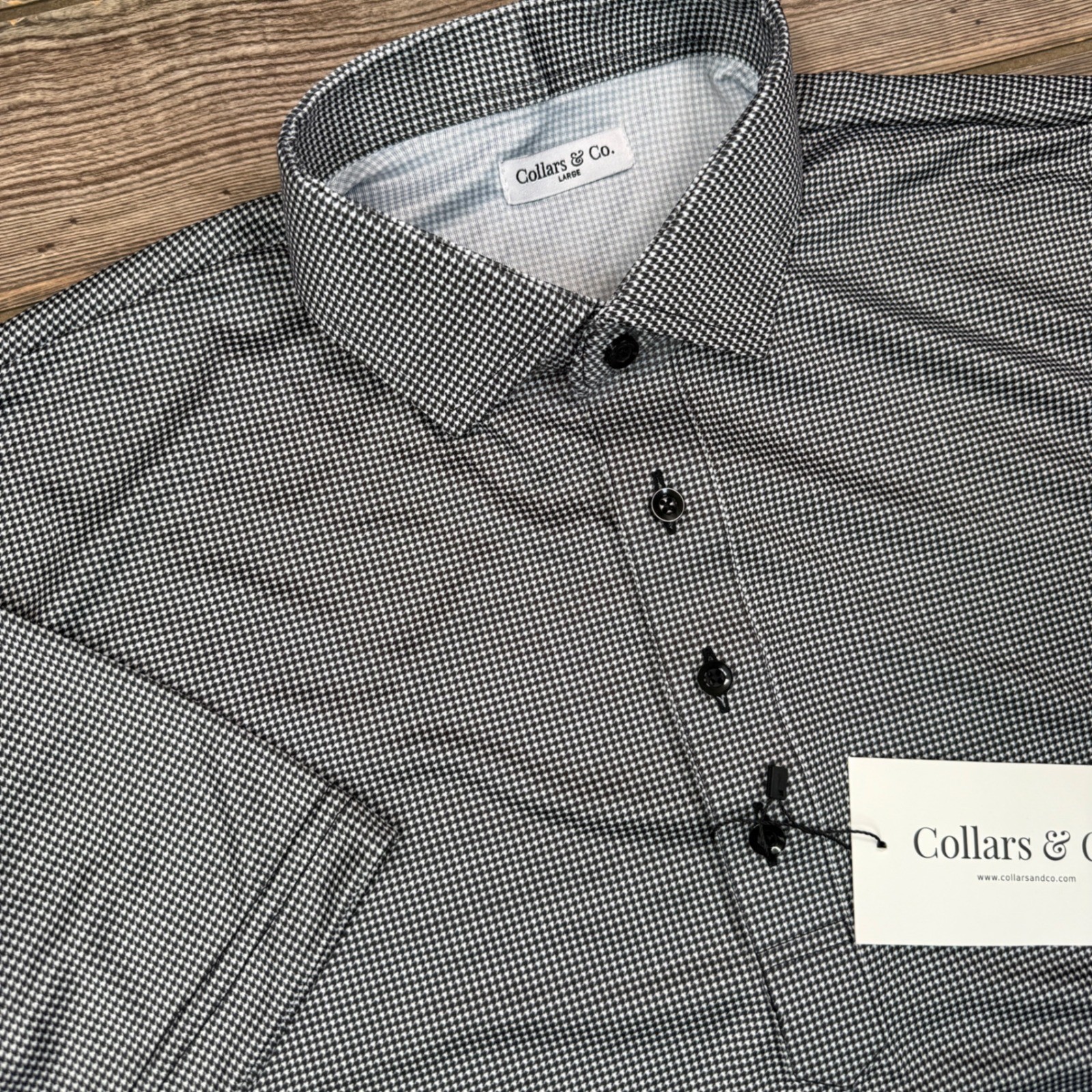 Collars & Co Mens Size Large Dress Collar Polo Black White Houndstooth NEW