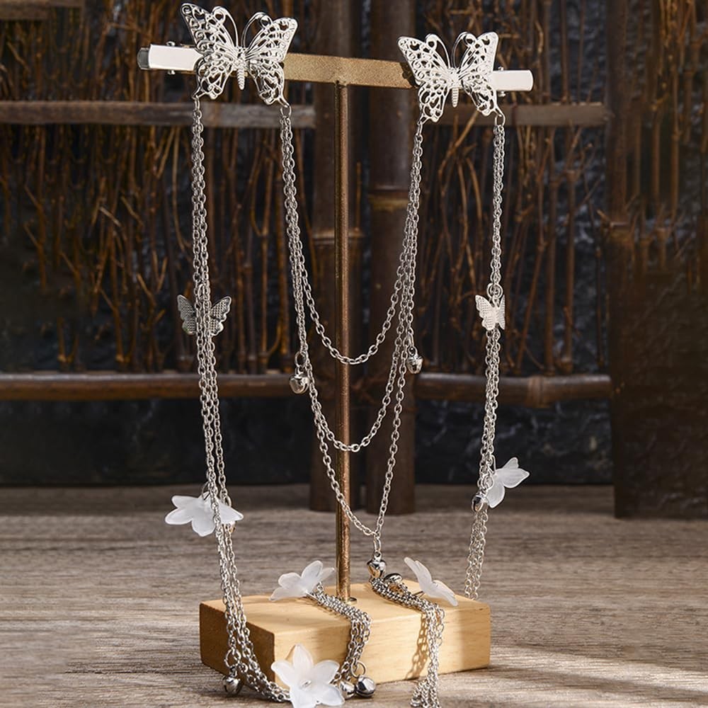 2 PACK Silver Wedding Butterfly Flower Headband Boho Head Chain Tassel Headband