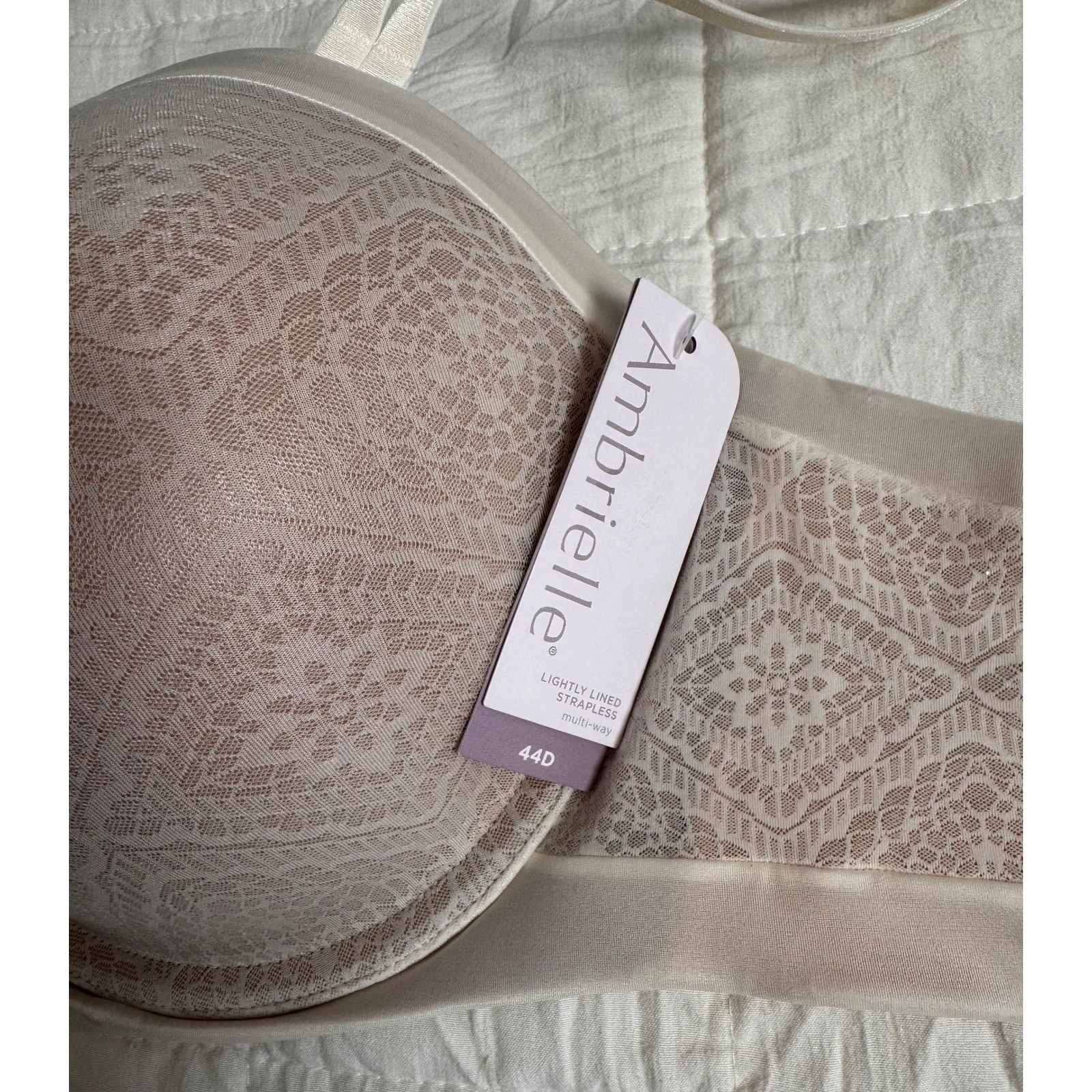Ambrielle Multi-Way Strapless Bra 44D Pristine Ivory Lace Lightly Lined NEW