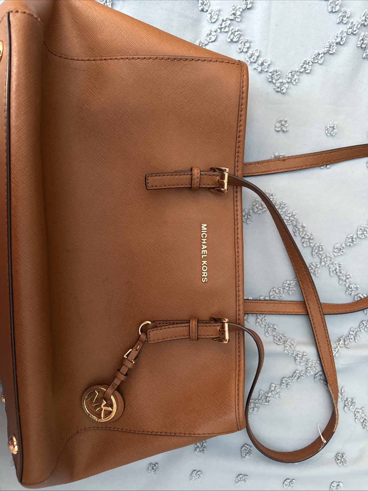 Michael Kors Coated Canvas Brown Tan Leather Shoulder Bag Tote Medium