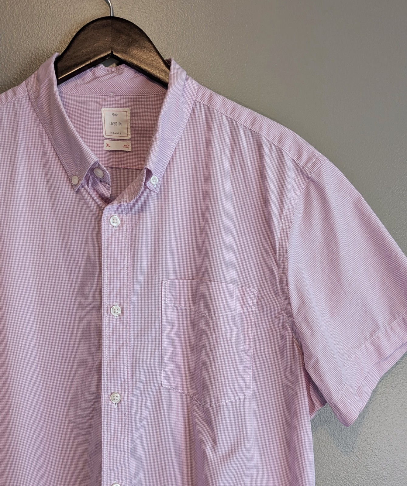 Gap Mens XL Shirt Short Sleeve Button Down Pink Gingham Check Lived In Cotton