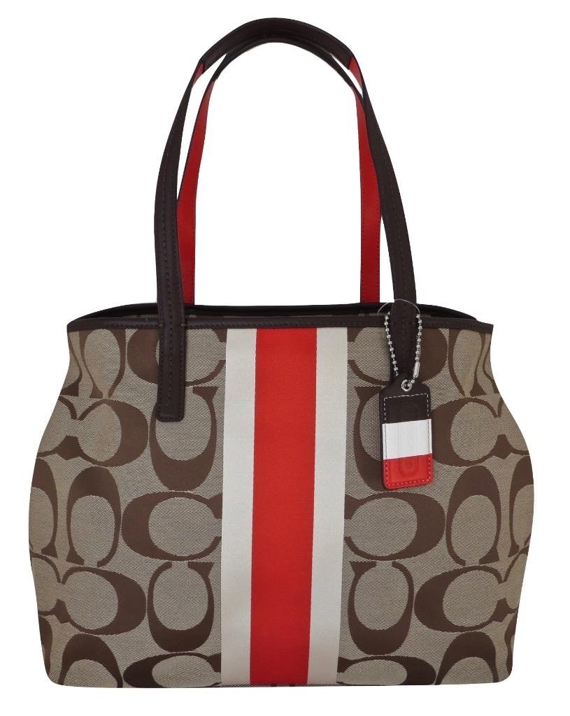 New NWT Coach Hamptons Khaki Vermillion Signature Stripe Tote Purse 19999 RARE