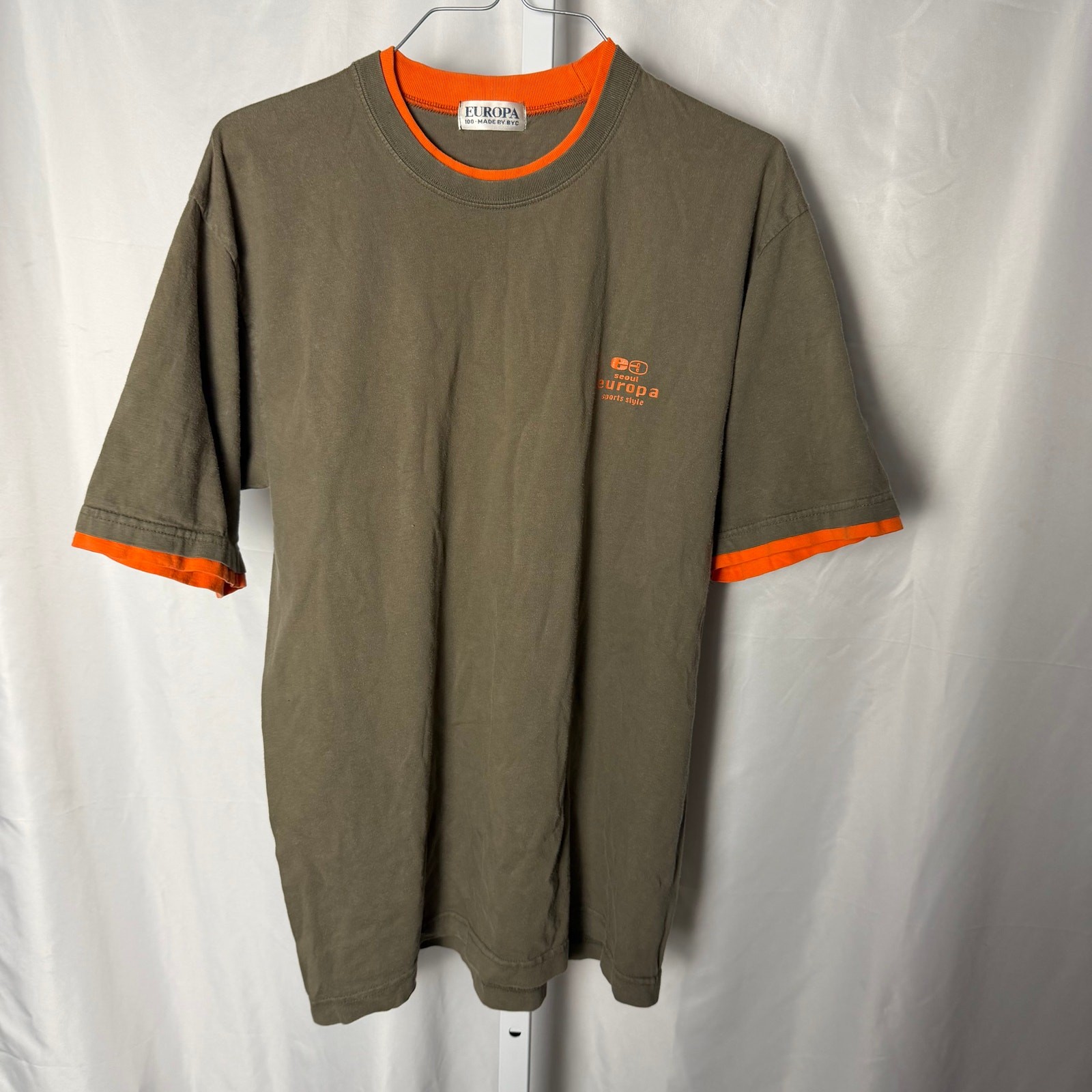 VTG Europa BYC Seoul T Shirt Ringer Layered Olive Orange Korea Streetwear M
