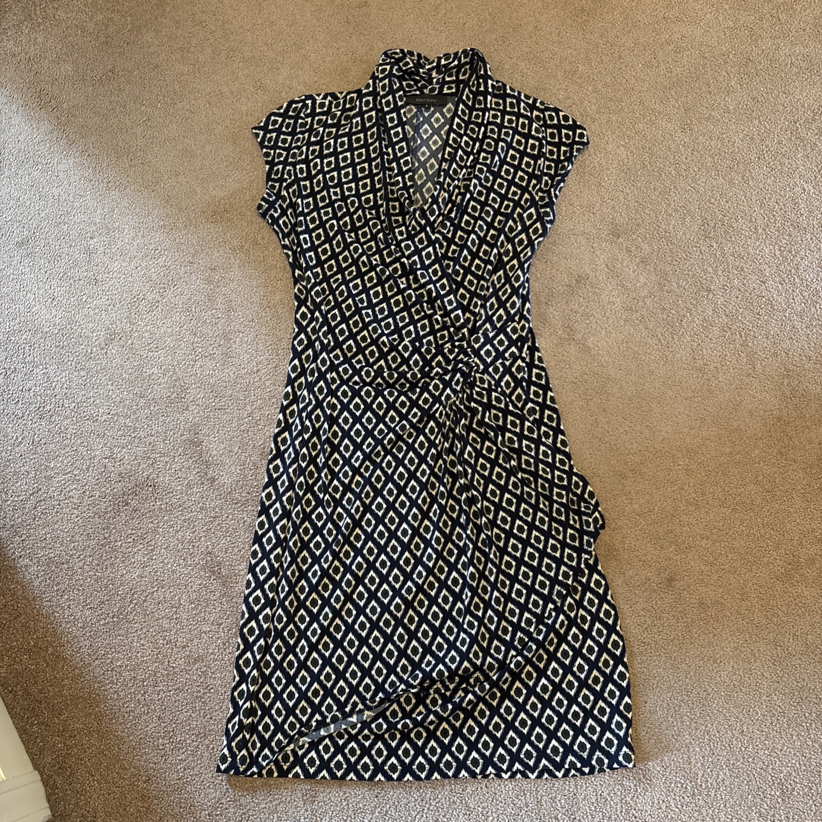 Karen Kane Women’s Faux Wrap Dress Dark Navy Ikat Design Size Small