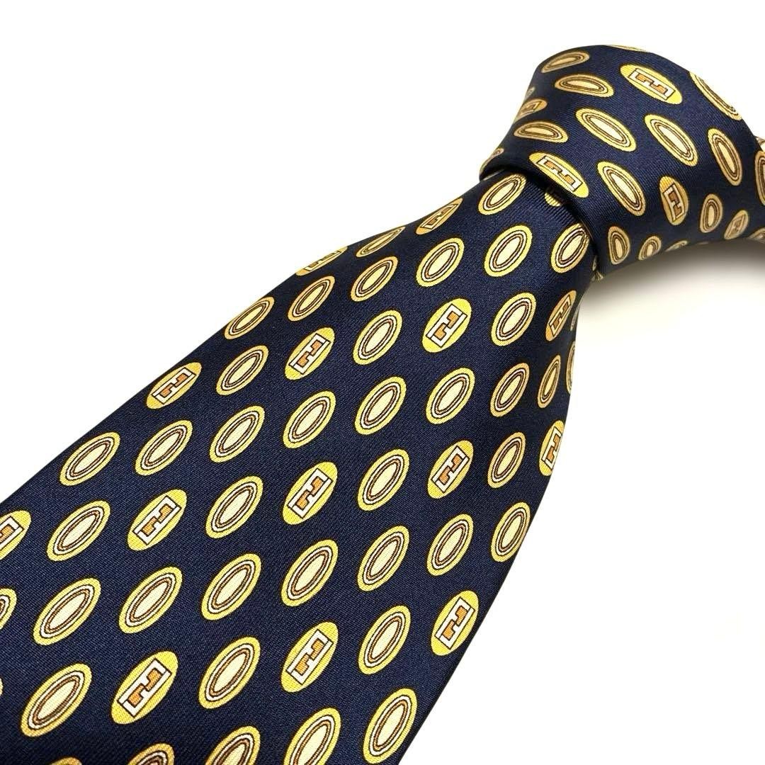 FENDI Zucca Pattern Navy Silk Tie Oval Classic Lux Used
