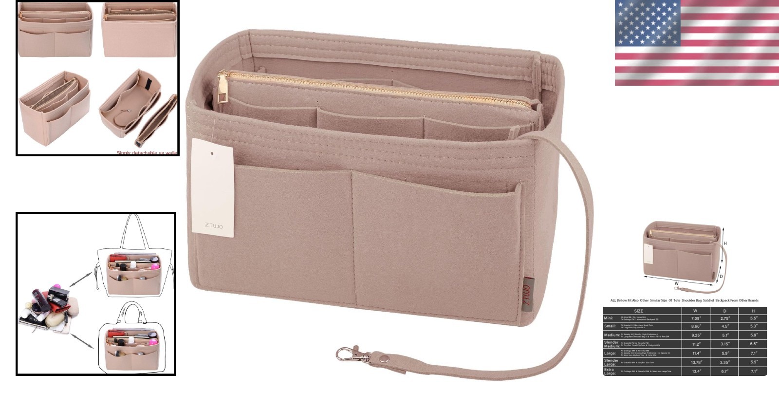 Luxury Handbag Organizer Insert – Lightweight Felt with 13 Pockets & Zipper