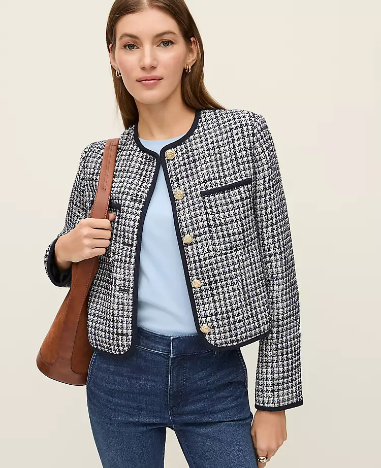 NEW ANN TAYLOR $198 NIGHT SKY WEEKEND TWEED CREW NECK JACKET BLAZER SZ 12