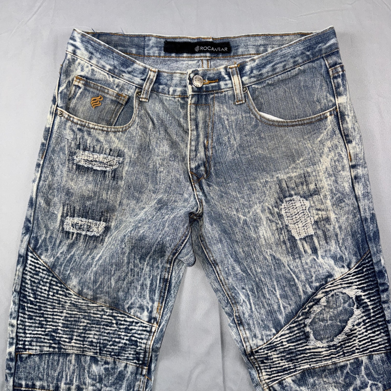 Rocawear Jeans Mens 32×32 Blue Acid Wash Moto Distressed Straight Denim Pants