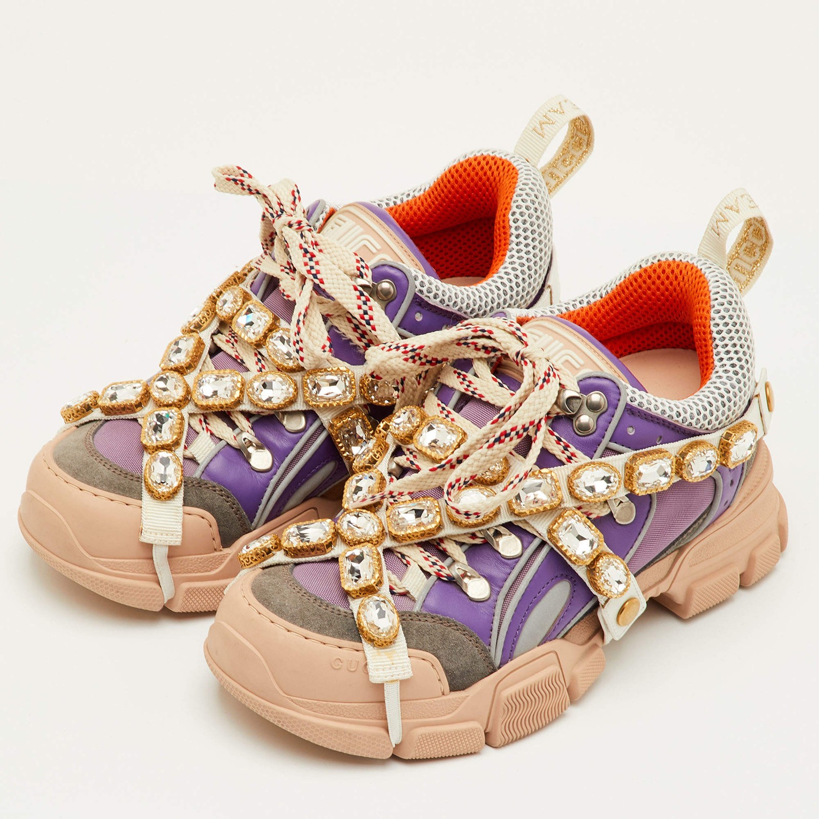 Gucci Flashtrek Size 37.5 Multicolor Mesh and Leather Removable Crystals