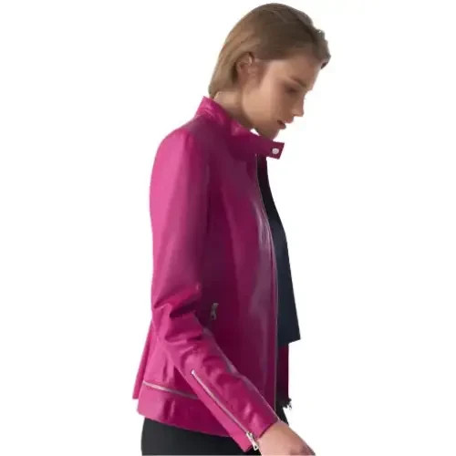 Women’s Stylish Fuchsia Leather Jacket – Zipper Hem Detail