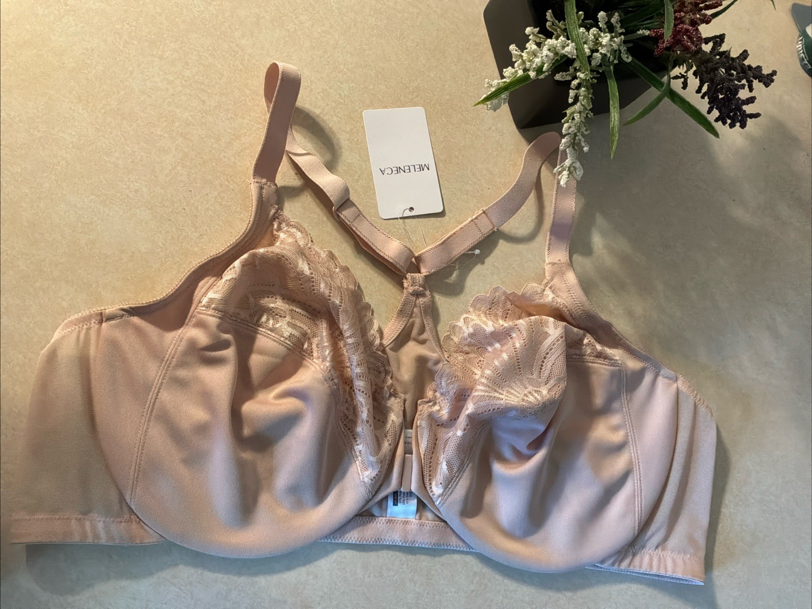 MELENECA Women s Racerback Front Closure Full Coverage UW Bra Pale Nude NWT 48B