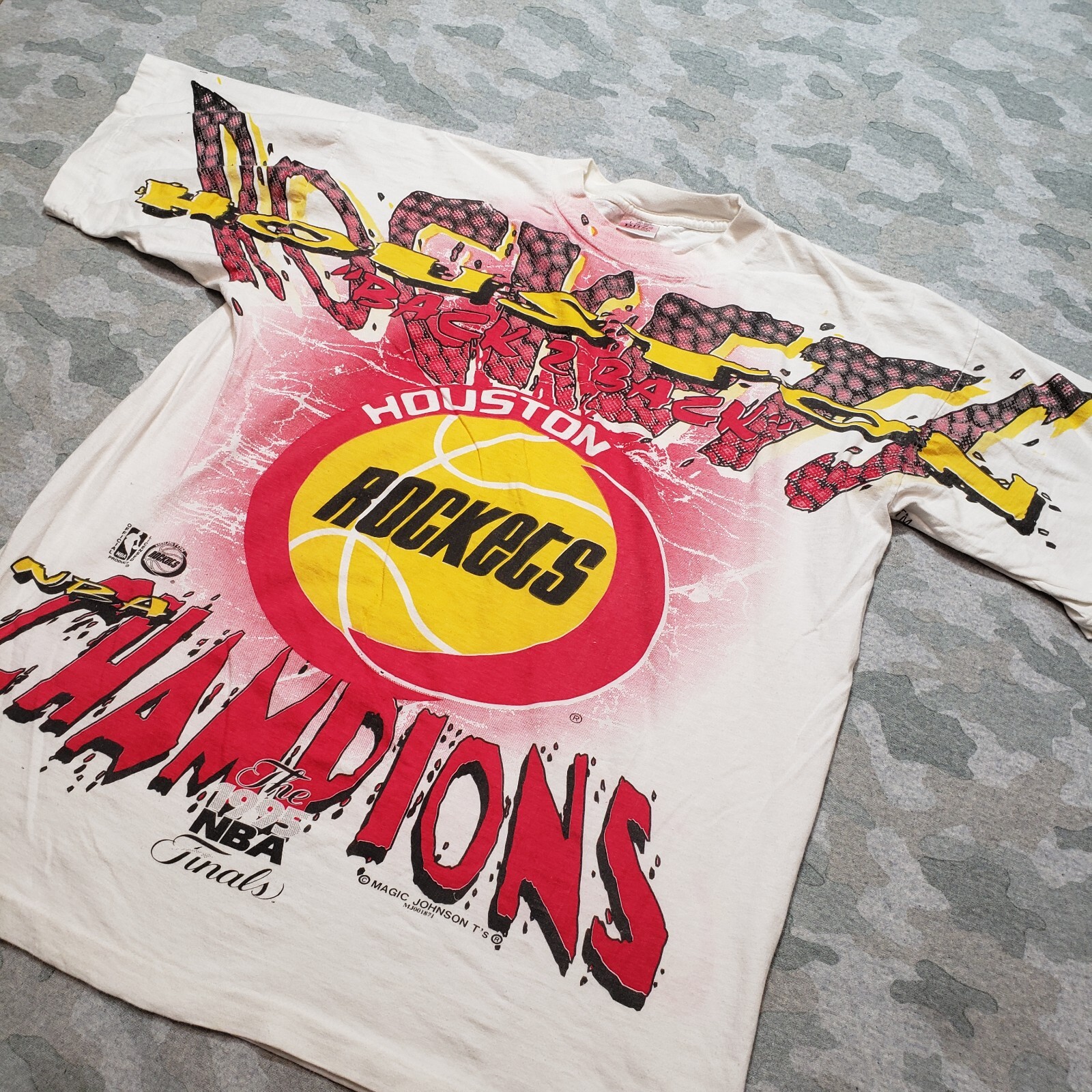 Vintage Houston Rockets Shirt Mens Large White AOP Single Stitch Magic Johnson