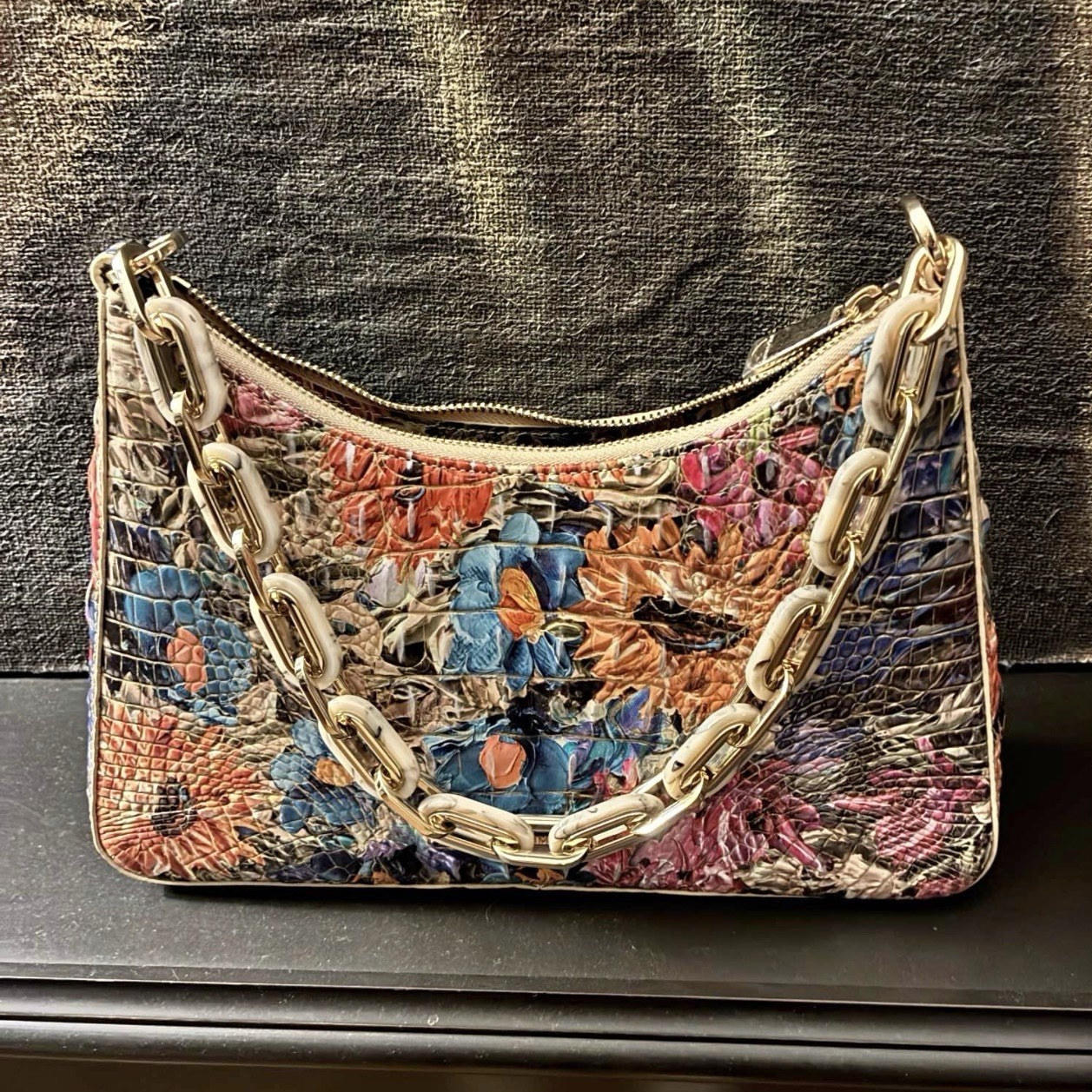 Brahmin Multicolor Floral Embossed Women’s Shoulder Bag Gold Chain Strap Zip