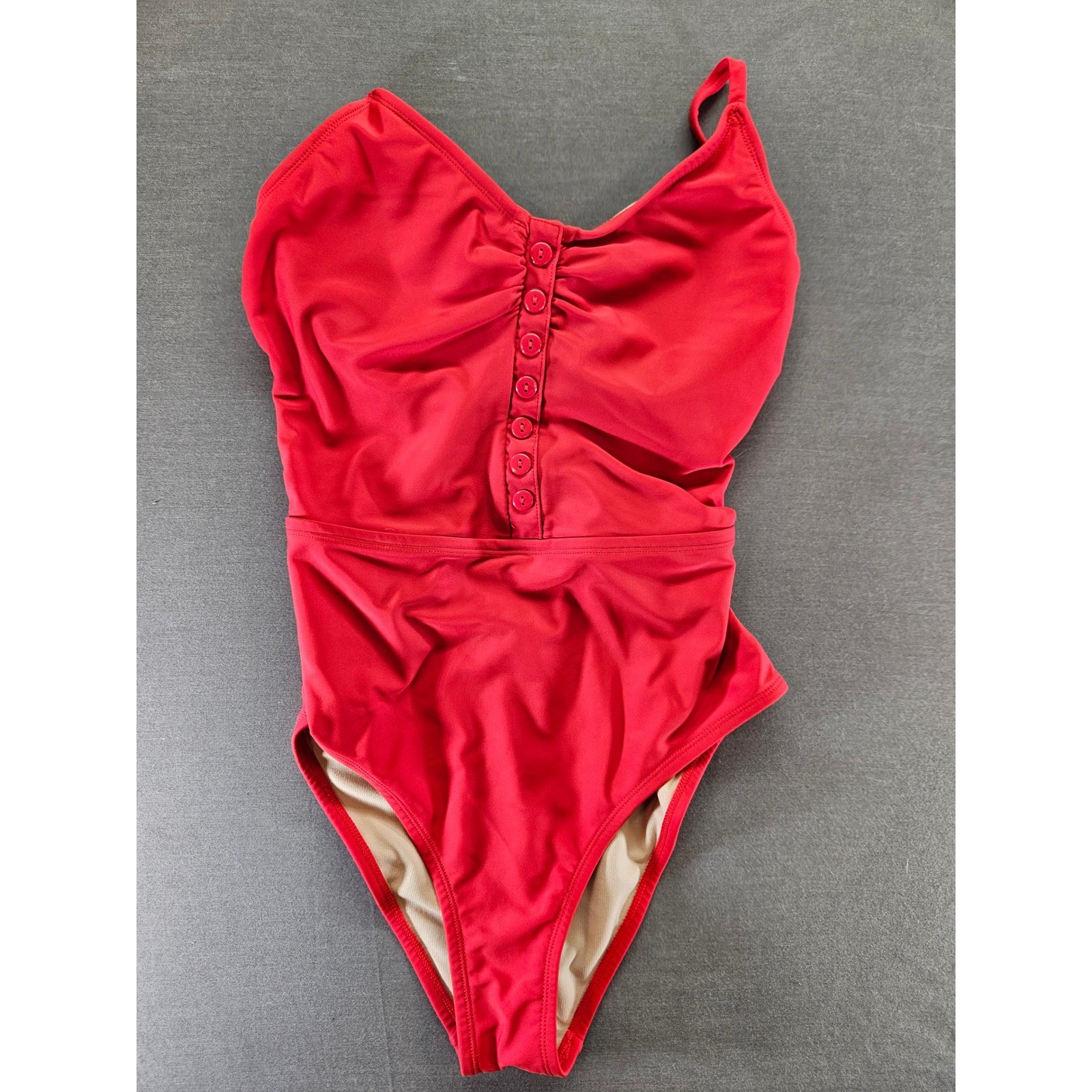 Kona Sol Womens Red Ruched Button Front Lace Up Back One Piece Swimsuit Size M
