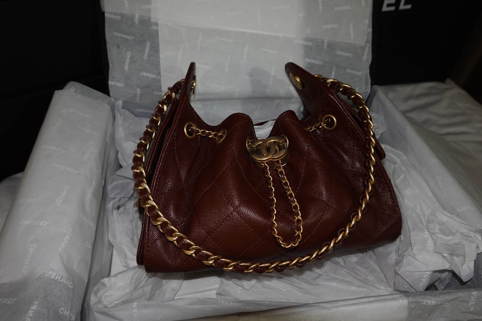 Chanel 25 Mini Dark Burgandy Cavier Gold hardware, Receipt, Orginal Box, dustbag