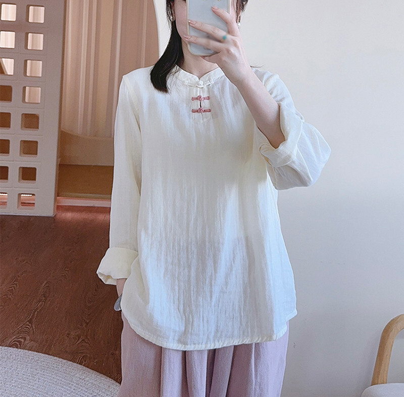 Spring Chinese Style Womens Casual Tops Blouse Loose Long Sleeve Pullover Shirts