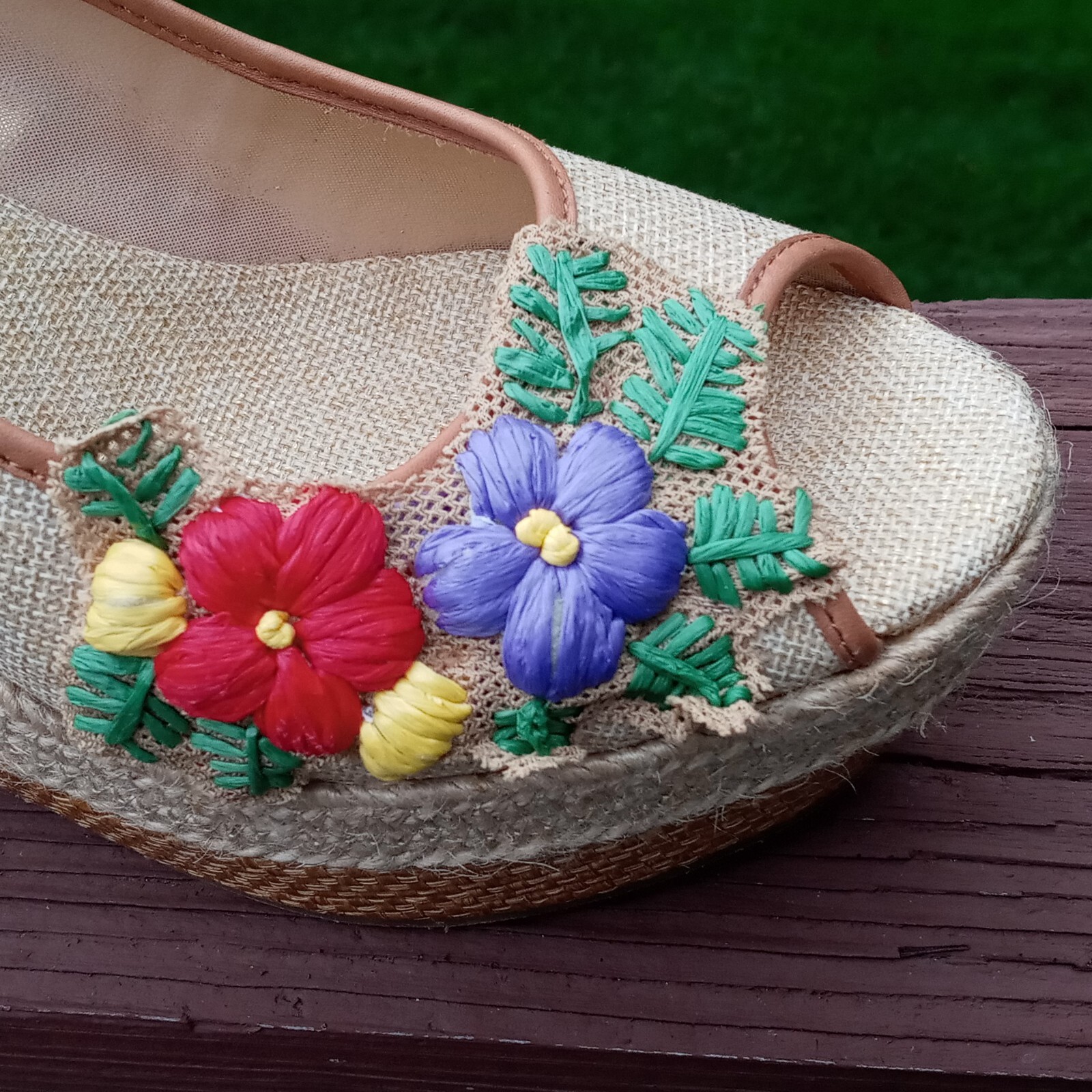Poetic Licence 8.5 Sandals Natural Petal Pusher Floral Fabric Leather Wedge Shoe