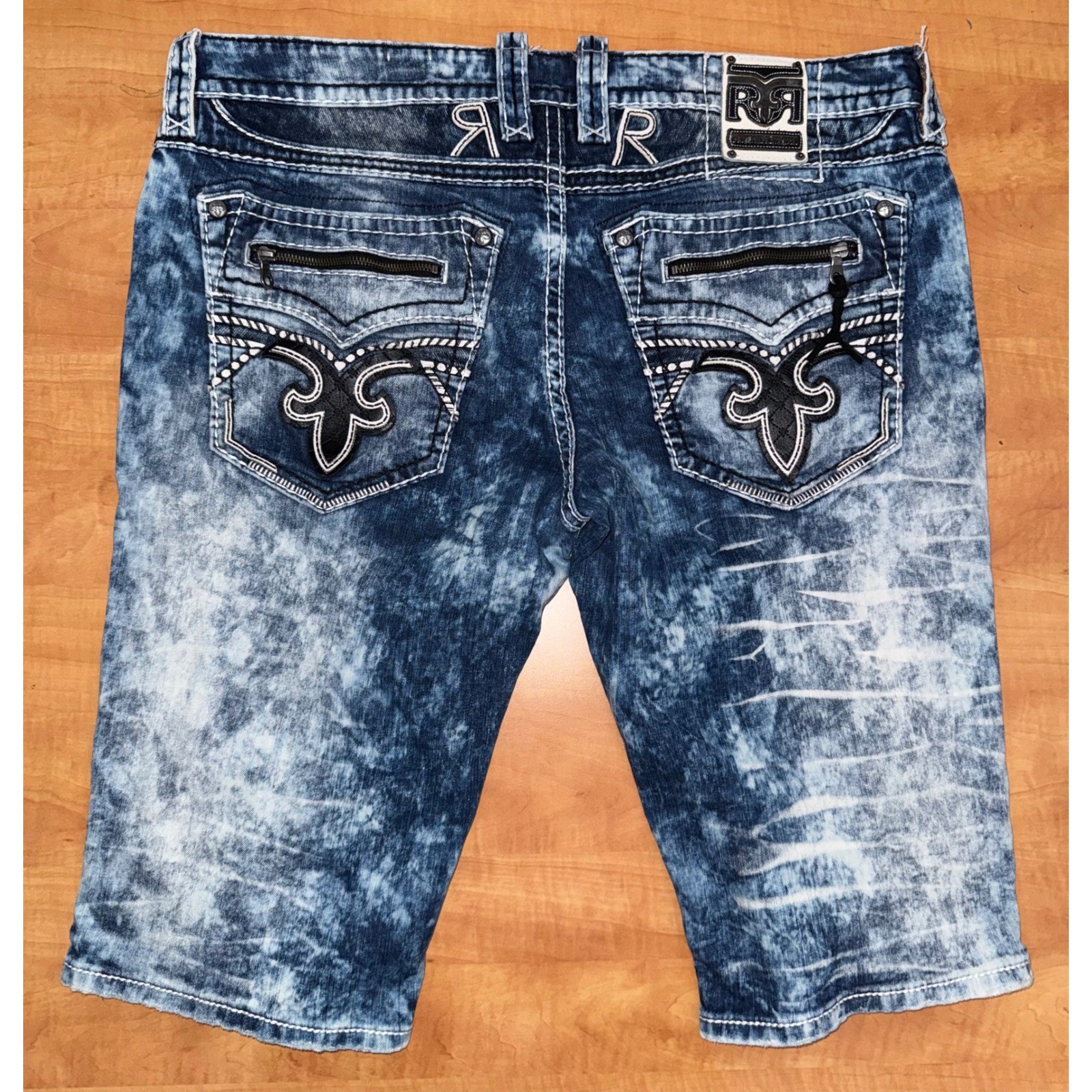 Rock Revival Montell Short Mens 40 Blue Acid Wash Distressed Moto Denim Shorts
