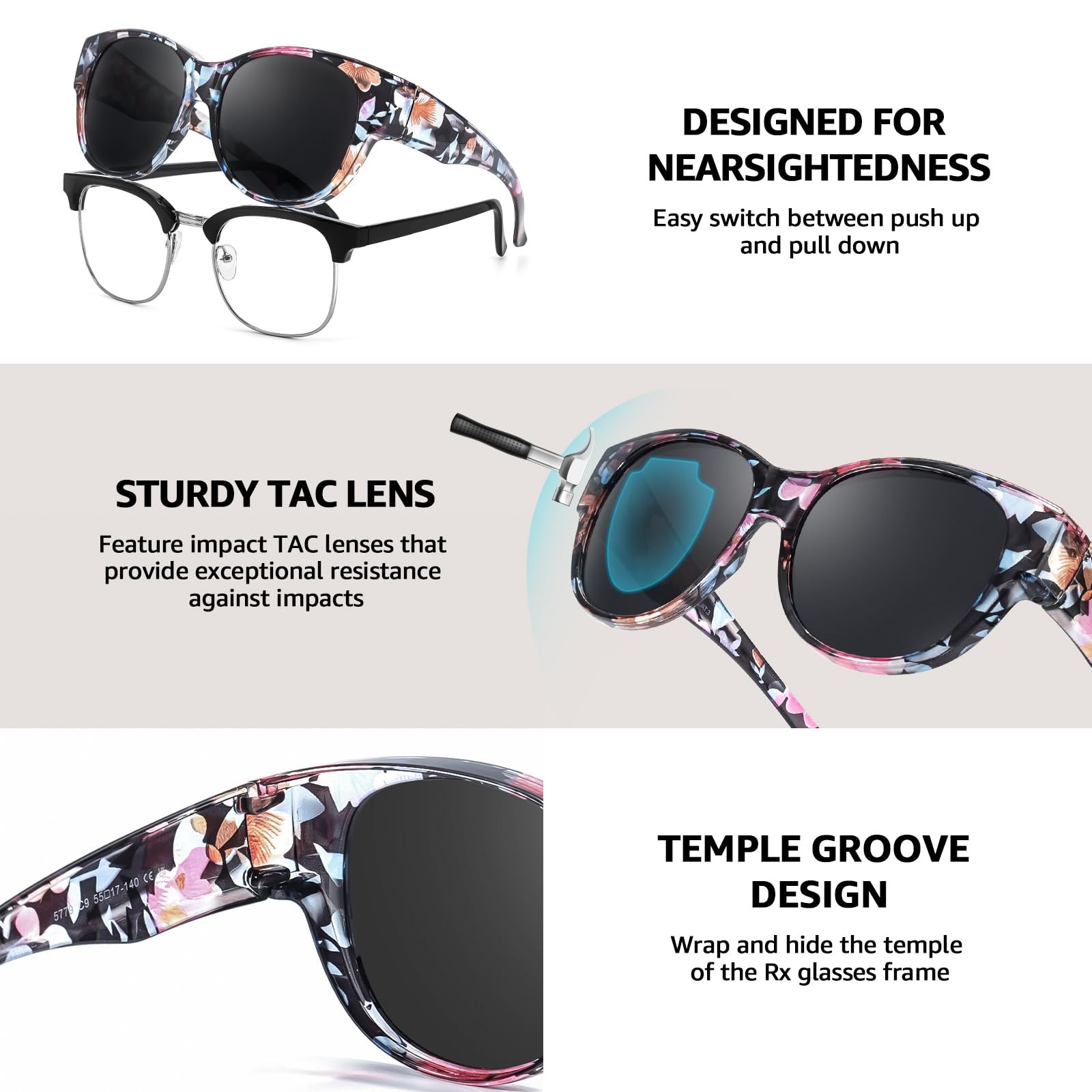 TJUTR Polarized Fit Over Sunglasses for Women, Trendy Medium, A1 Floral/Grey