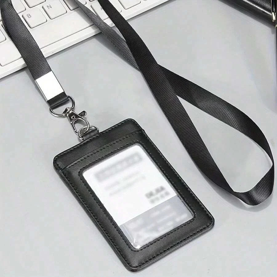 1pc PU Leather Vertical Badge Holder with Lanyard ID Card Holder for Men Women