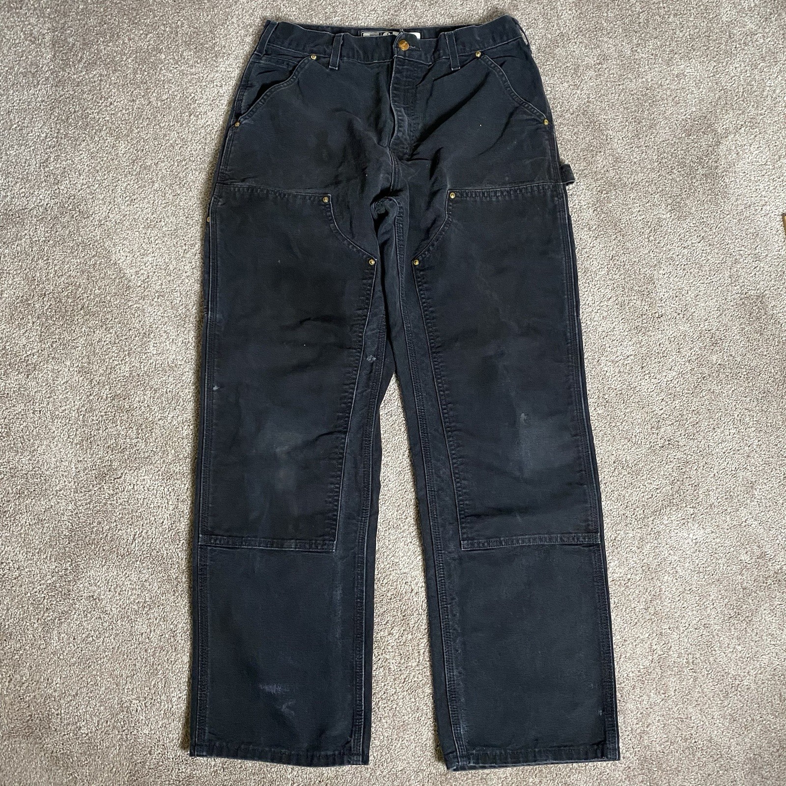 Carhartt B01 Double Knee Black Canvas Original Loose Fit Pants Men’s 30 30 Faded