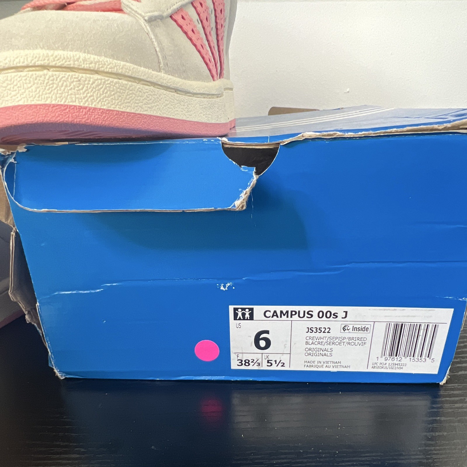 adidas Campus 00s J Unisex Kids Sneaker White/Pink Suede US 6 EU 38 2/3