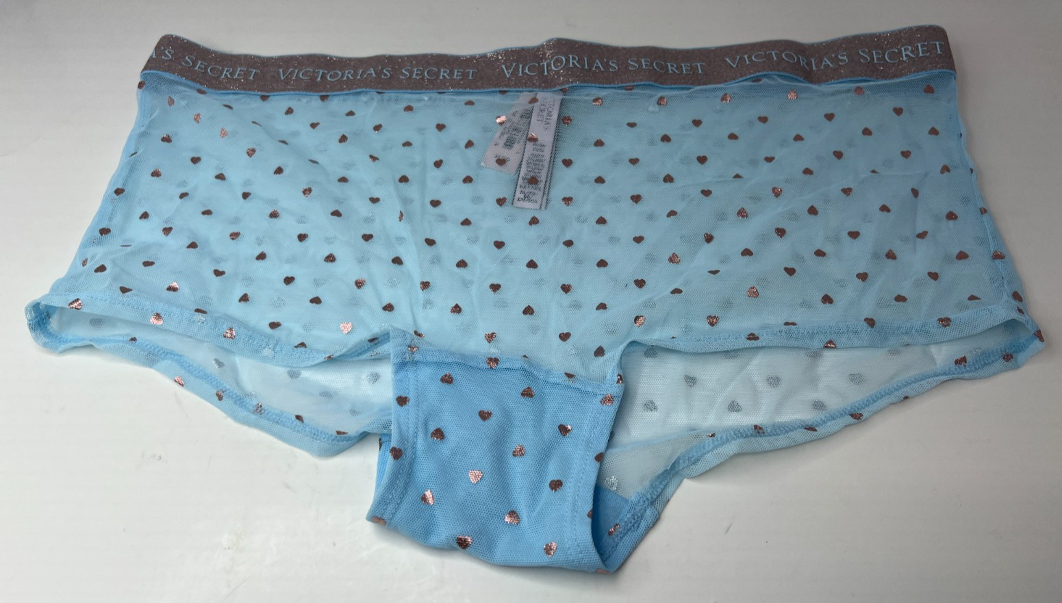Victoria’s Secret Size XL Shortie Boyshorts Blue Mesh Foil Hearts Glittery Logo