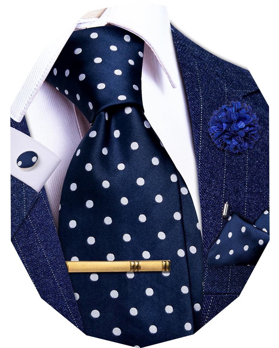 Blue Mens Tie Set Silk Polka Dot Necktie with Lapel Pin Pocket Square Cufflin…