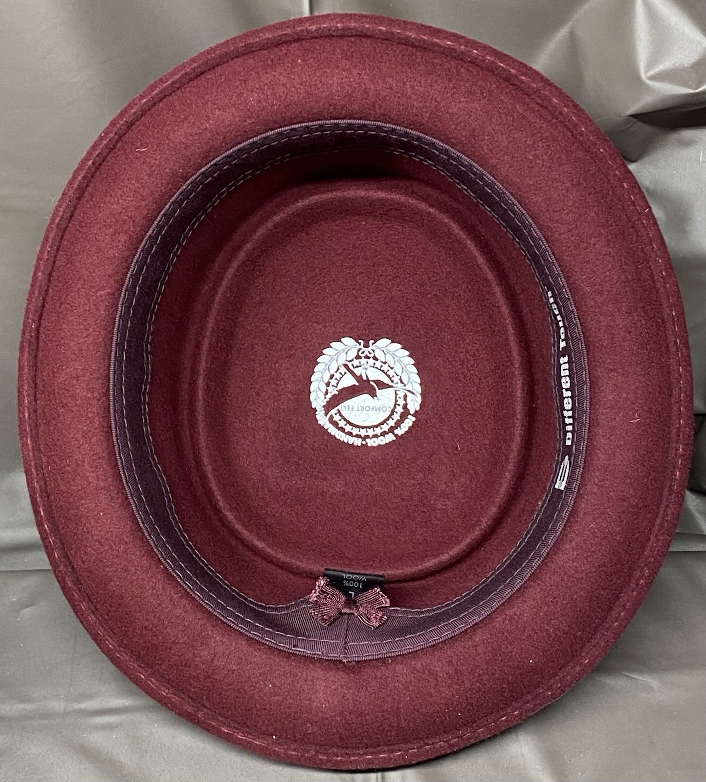 Different Touch Burgundy Pork Pie Hat 100% Wool Felt Stingy Brim Feather Large