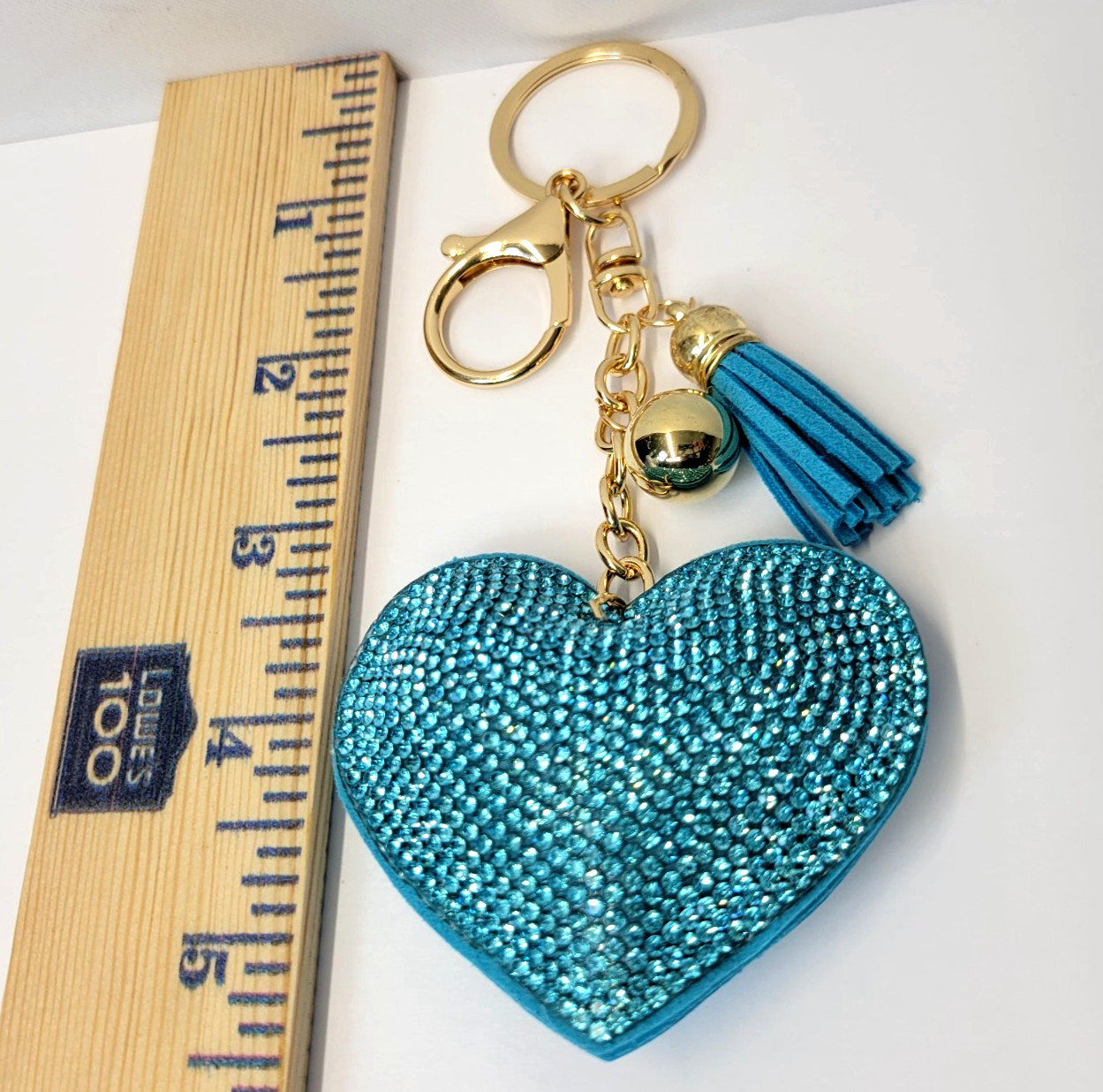 Heart Rhinestone Bling Bag Charm Keychain Tassel Blue Sparkle NEW