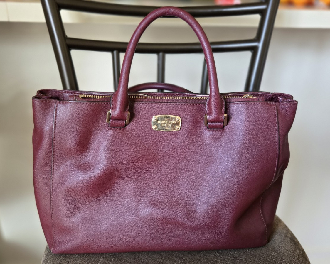 Michael Kors Large Burgundy Satchel Top Handle Zip Bag, Detachable Strap